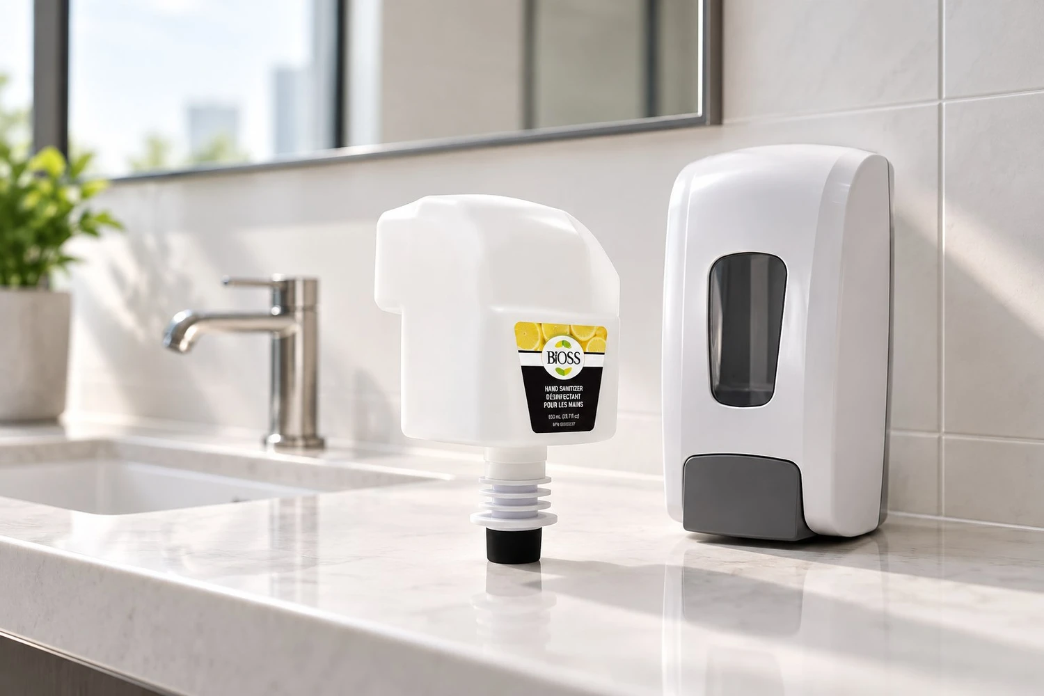 Styled scene of BiOSS Hand sanitizer refill, model BiOSS012