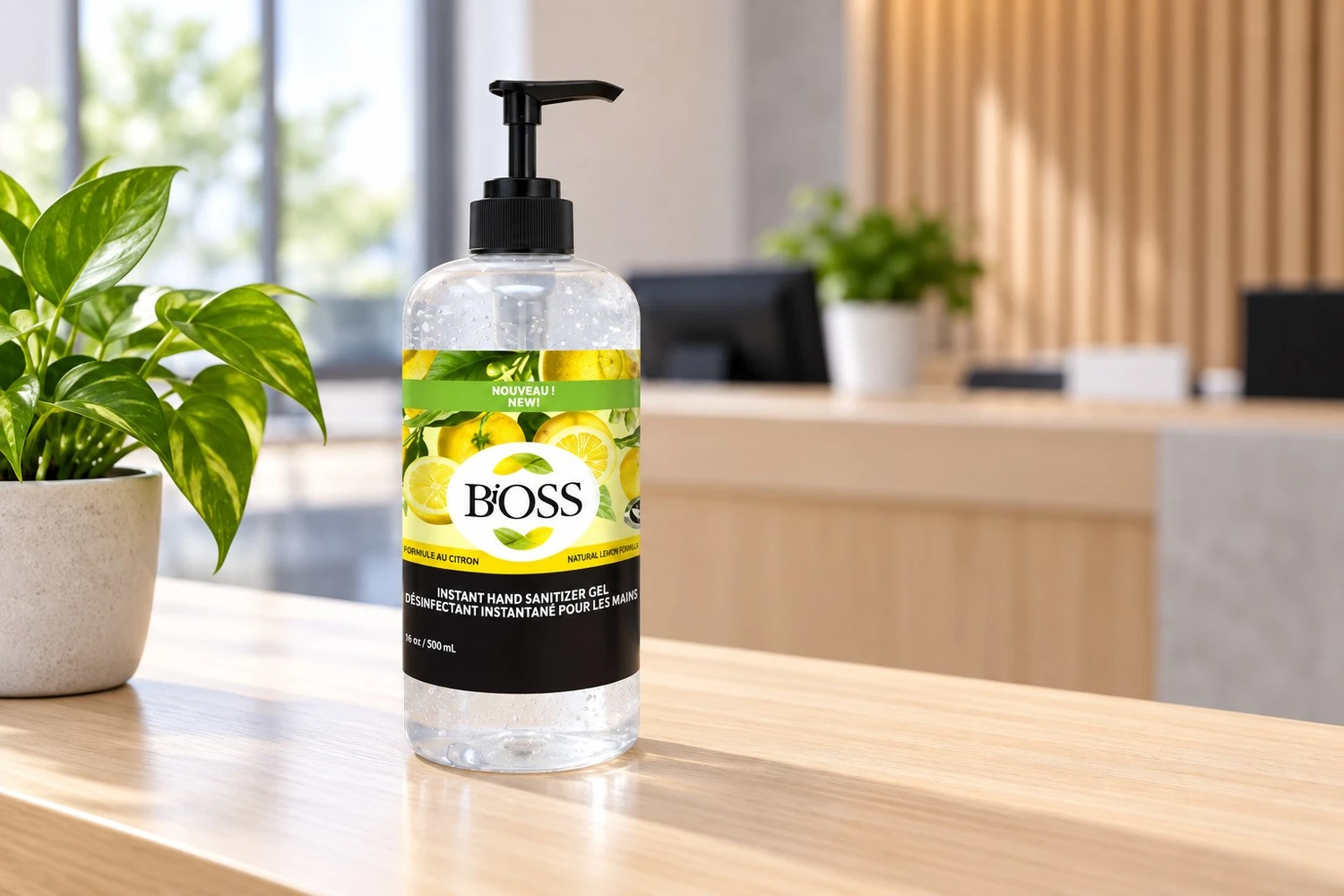 Styled scene of BiOSS Vitamin E hand sanitizer, model 24677-HS-002