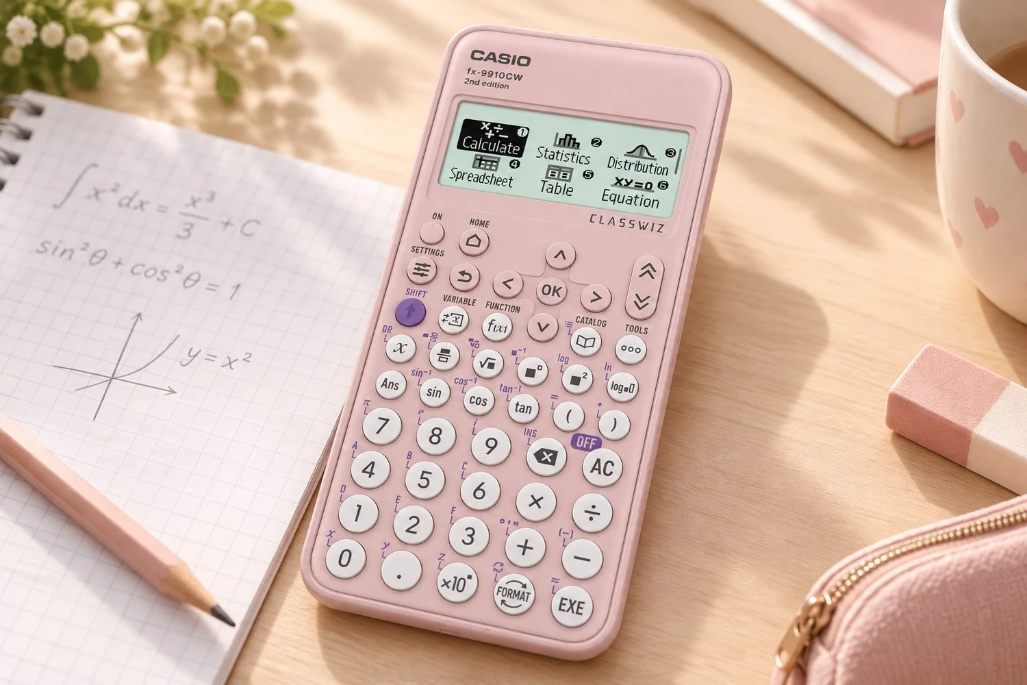 Casio ClassWiz scientific calculator in a styled setting