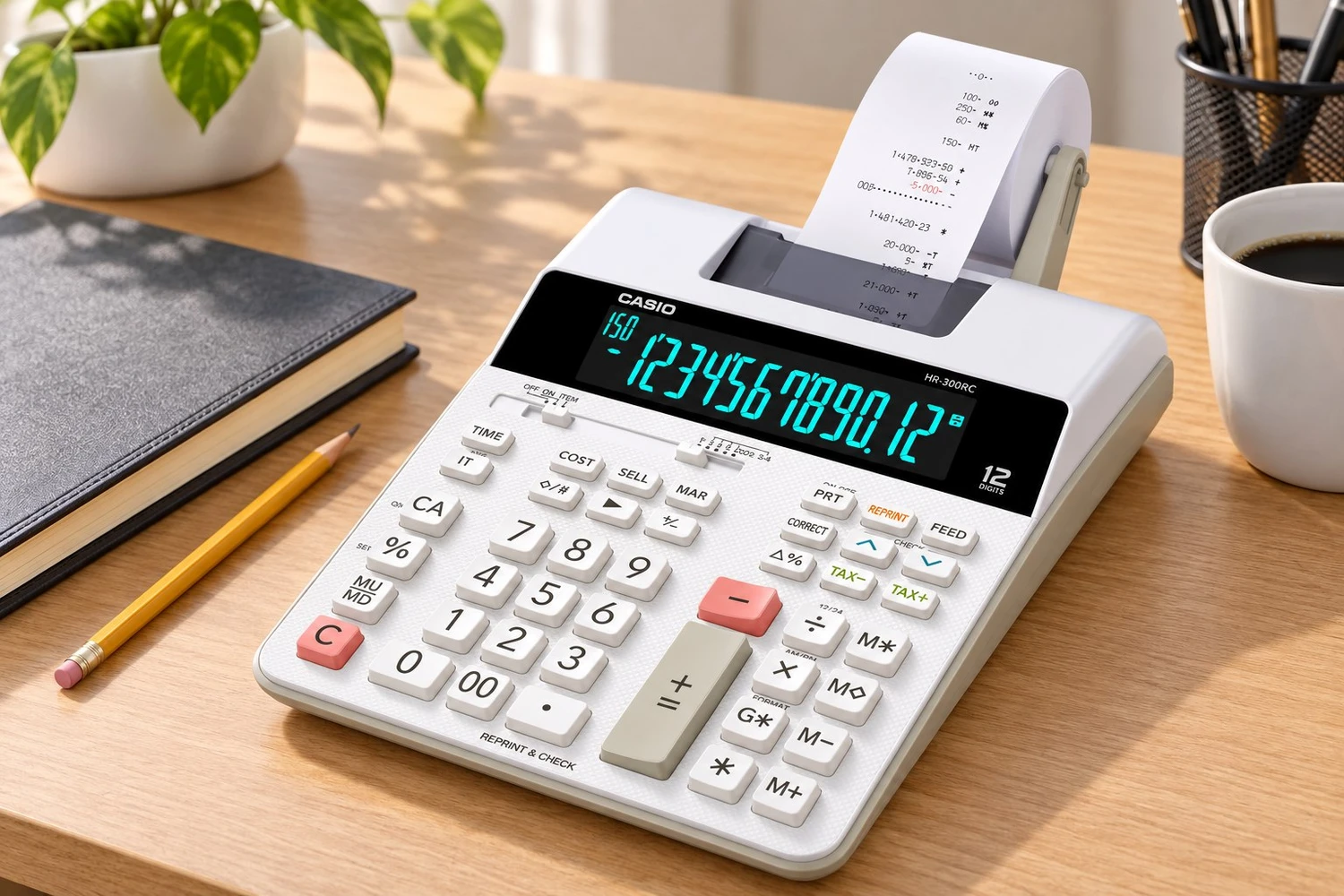 Styled scene of Casio HR-300RC printing calculator, model HR-300RC-WA-CC