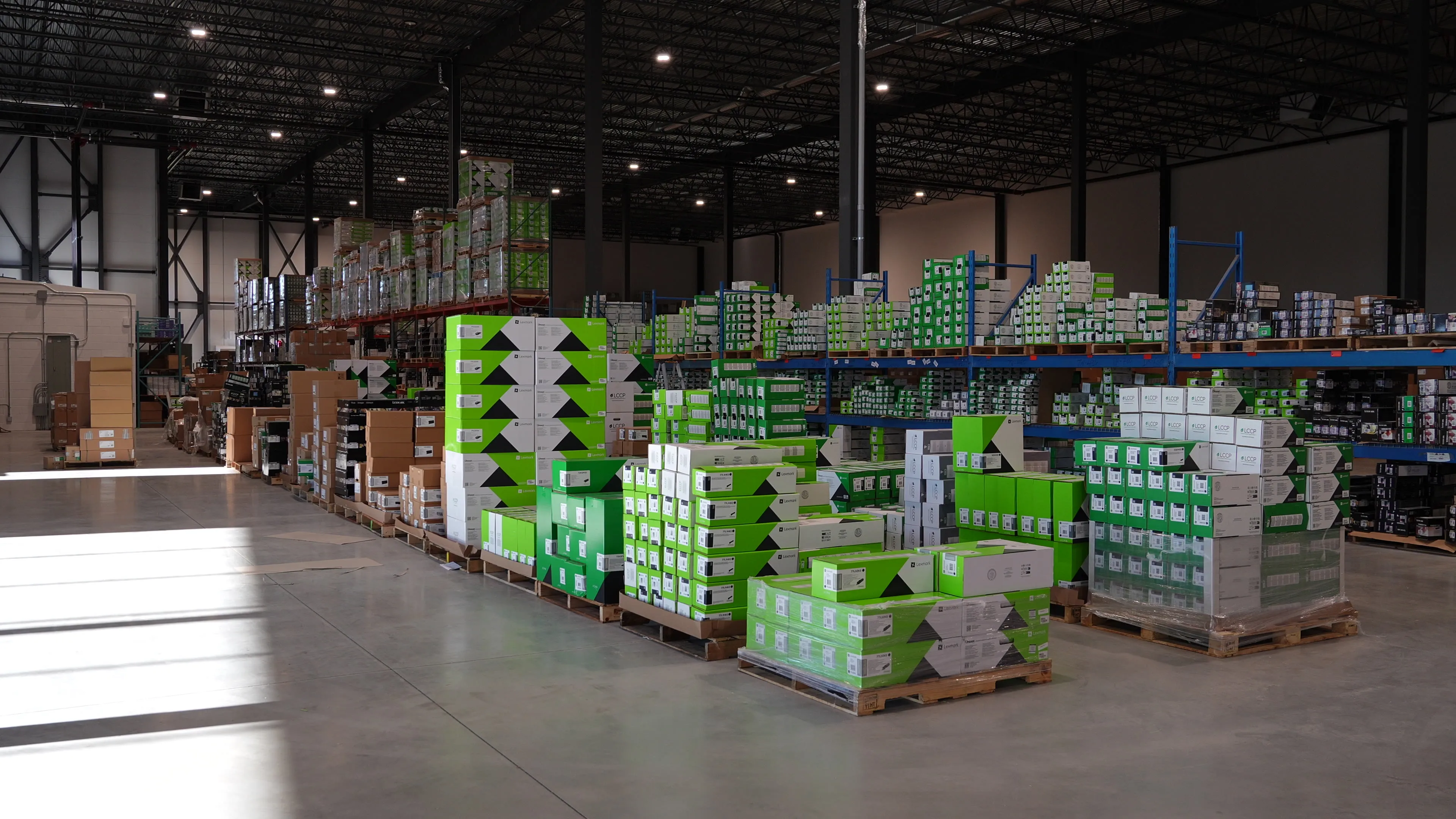 Pallets of boxed products in Randmar’s warehouse