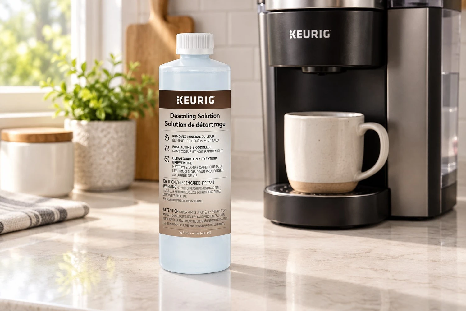 Styled scene of Keurig Descaling solution, model 76-40579