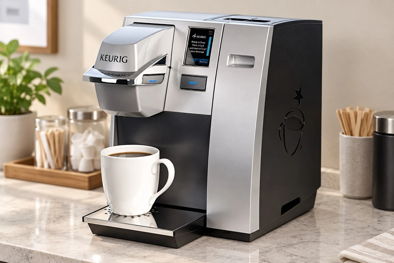 Styled scene of Keurig K155 OfficePRO brewer, model 75-36888