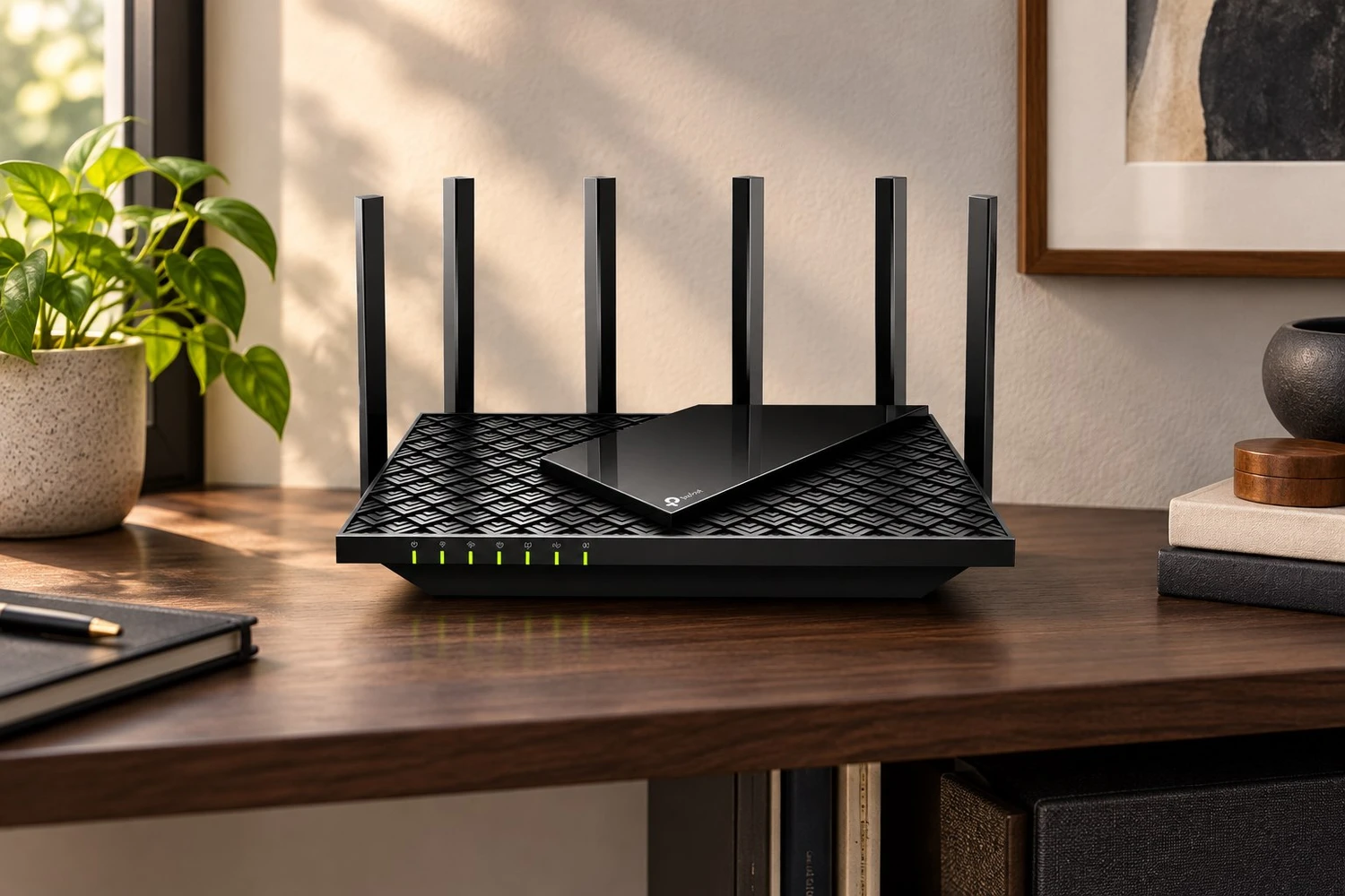 Styled scene of TP-Link Archer AX73 router, model Archer AX73
