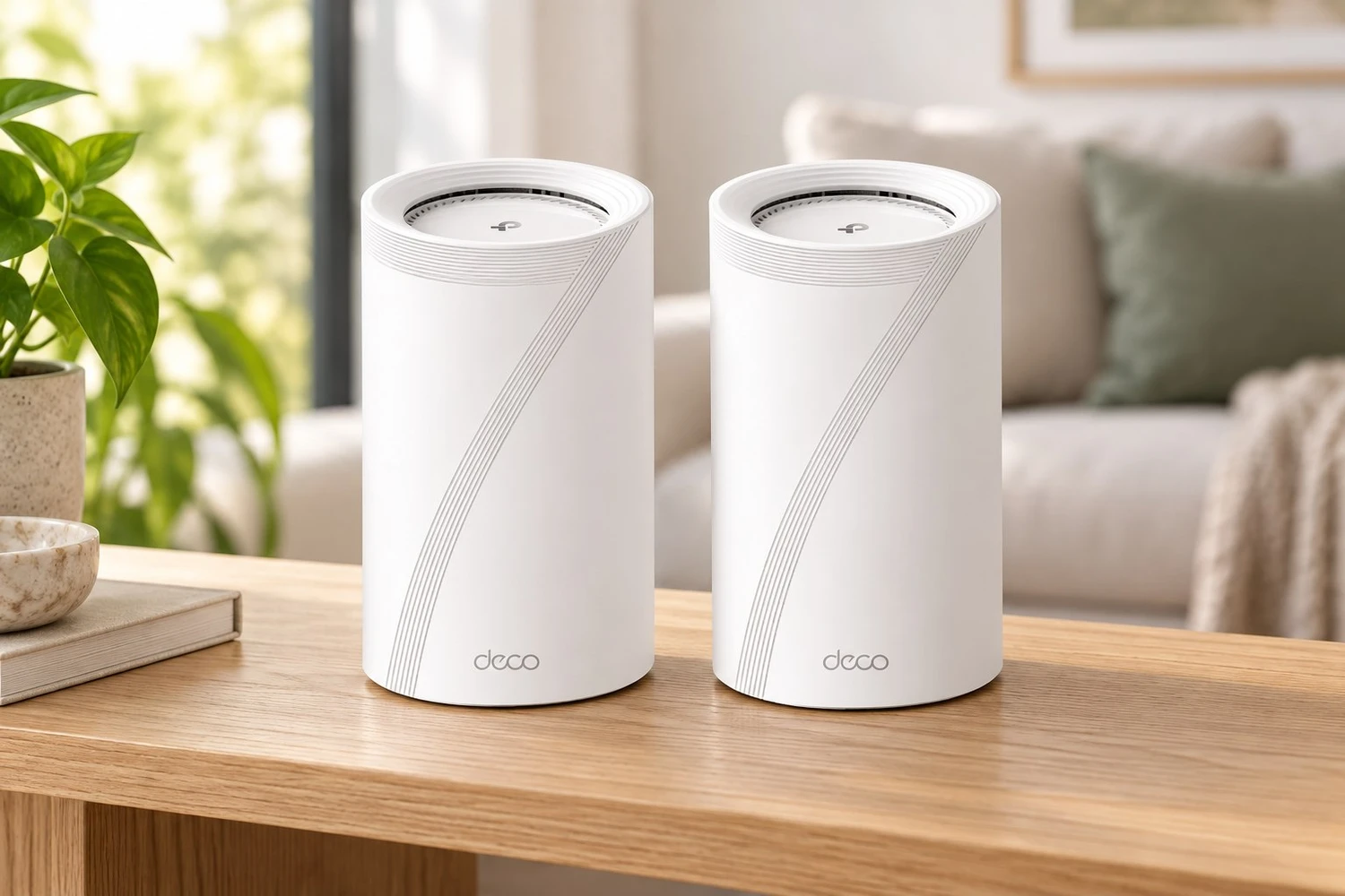 TP-Link Deco BE85 mesh system in a styled setting
