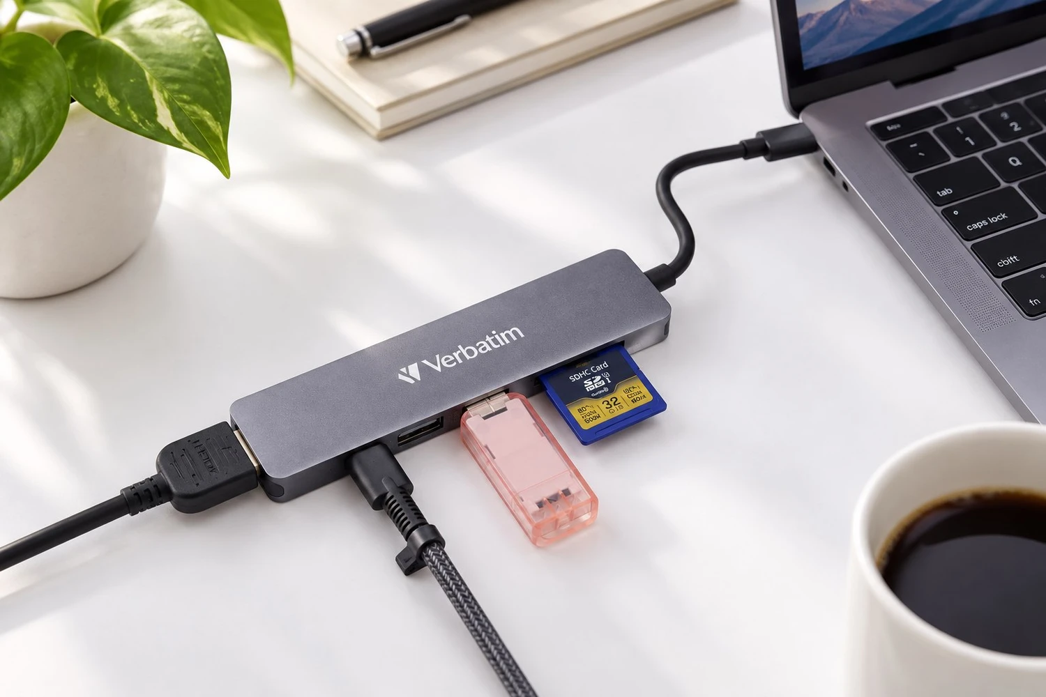 Styled scene of Verbatim USB-C Essentials multiport hub, model 32156