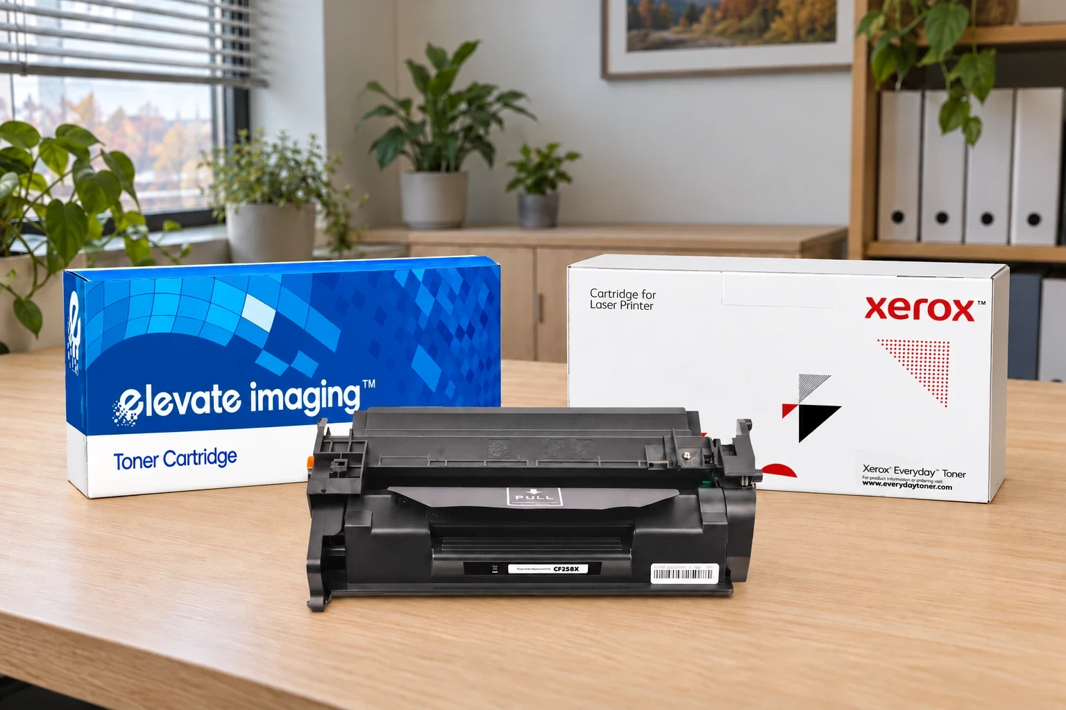 Elevate Imaging and Xerox Everyday Toner packaging with a toner cartridge on a desk