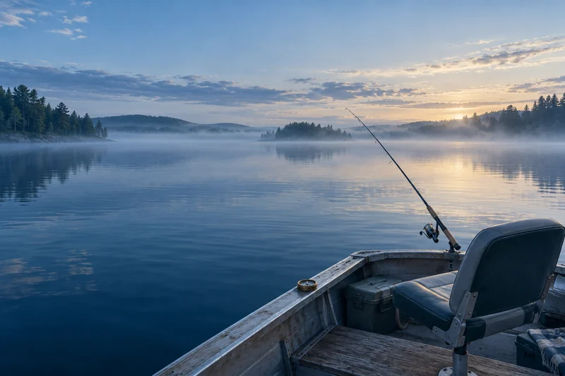 An empty fishing chair and rod overlooking a quiet blue lake in the morning.