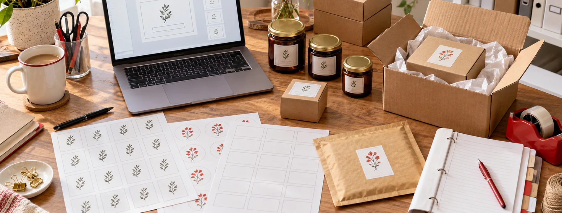A workspace with printable labels, a laptop, packaging and shipping supplies