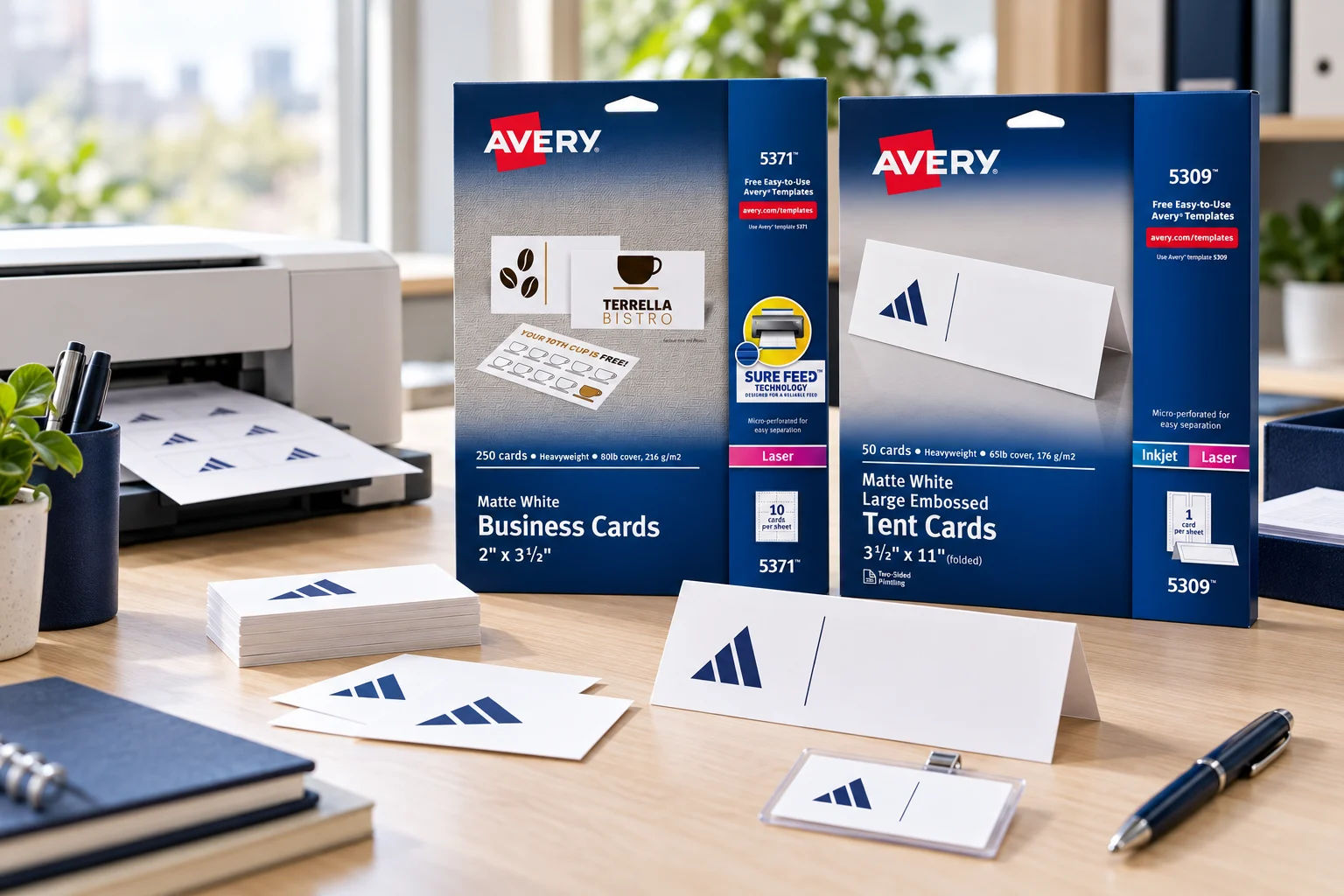 Illustrative editorial photograph of Avery 5371 business card and 5309 tent card packs beside printable cards, a name badge and an unbranded office printer on a small-business desk