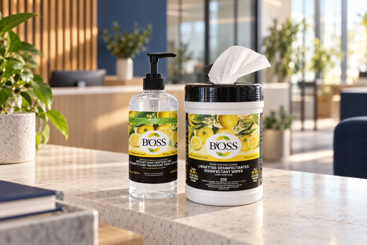 Generated editorial scene based on existing BiOSS sanitizer and surface-wipe packaging in a modern workplace reception