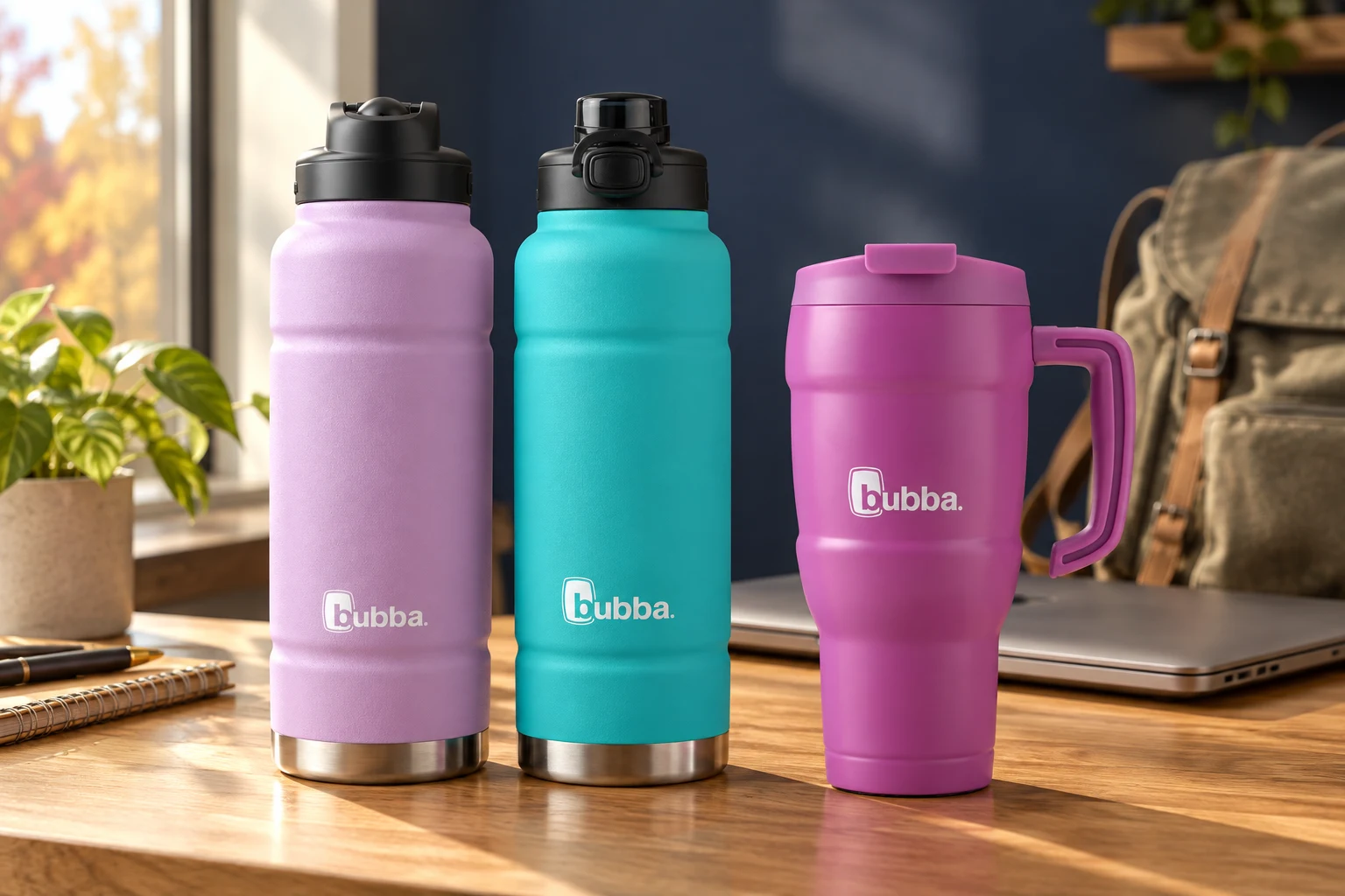 Illustrative editorial photograph of Lavender Frost and Scuba Bubba Trailblazer bottles and a Magenta Hero XL tumbler on a desk beside a laptop and backpack