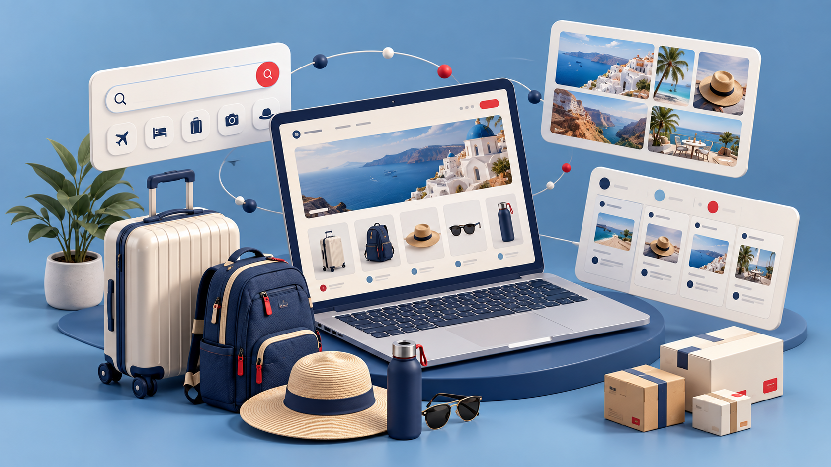 Illustration of an online travel store with luggage, a backpack, content and advertising concepts
