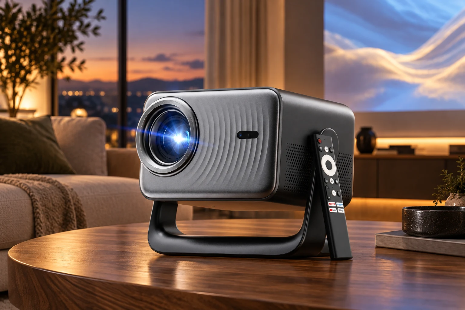 Dangbei N3 Max projector and remote on a walnut table in a cinematic living room; editorial setting generated from official product photography
