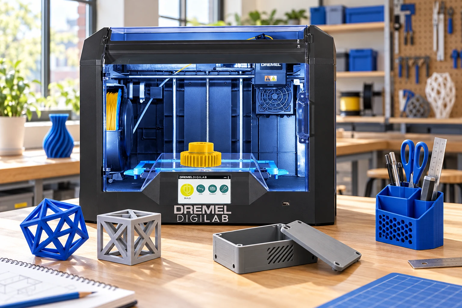 Illustrative editorial photograph of a Dremel DigiLab 3D45 with geometric teaching models, a prototype enclosure and a desk organizer on a makerspace workbench