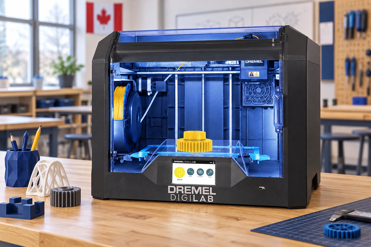 Editorial makerspace scene featuring the Dremel DigiLab 3D45, generated using the approved product image as reference