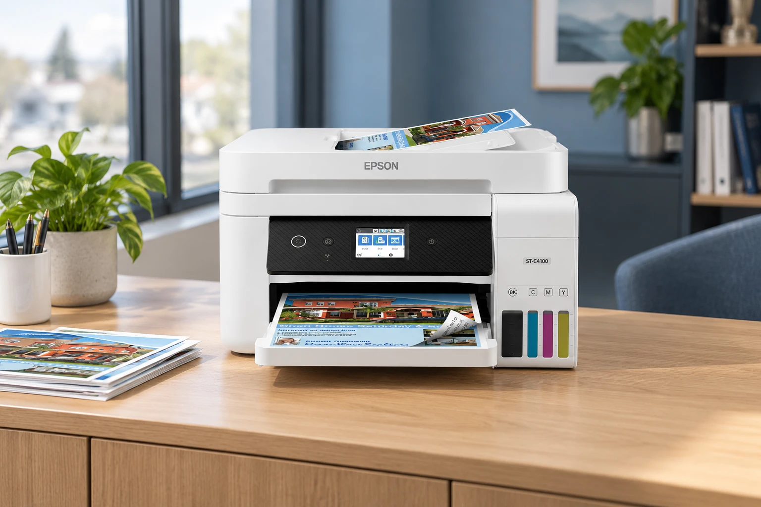 Epson WorkForce ST-C4100 Supertank printer in an illustrative professional office, generated using official Epson product photography