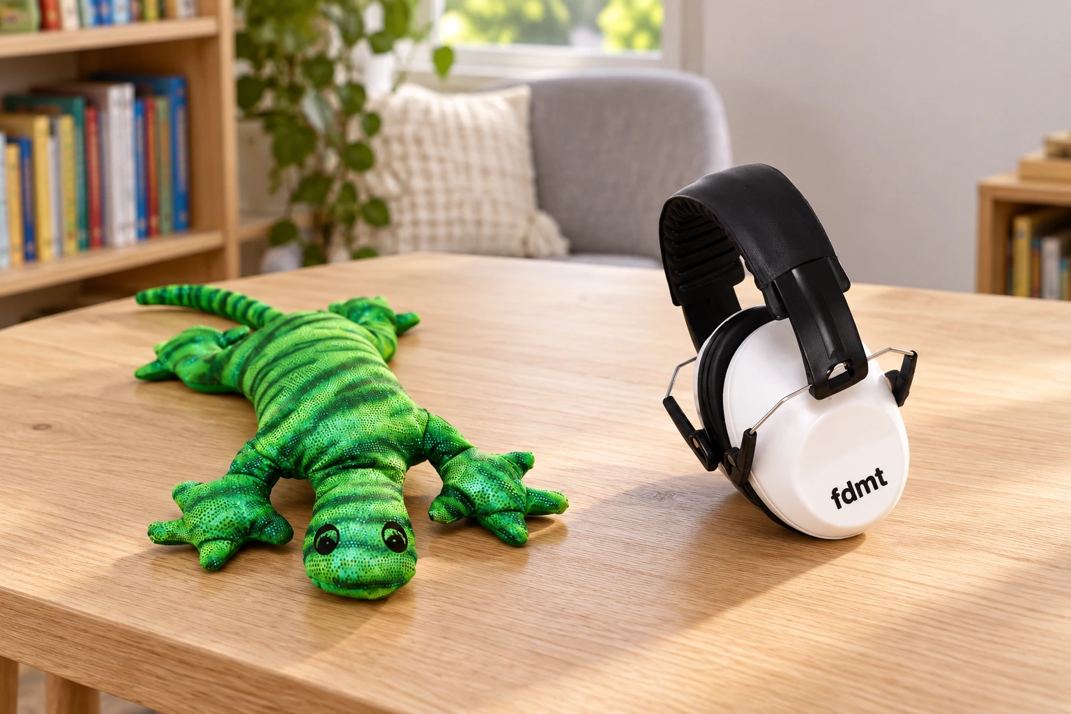 fdmt manimo weighted lizard plush and protective earmuffs in a generated reading-corner setting, based on official product imagery