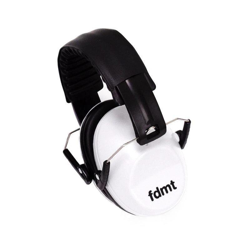 White fdmt protective earmuffs with a black padded headband