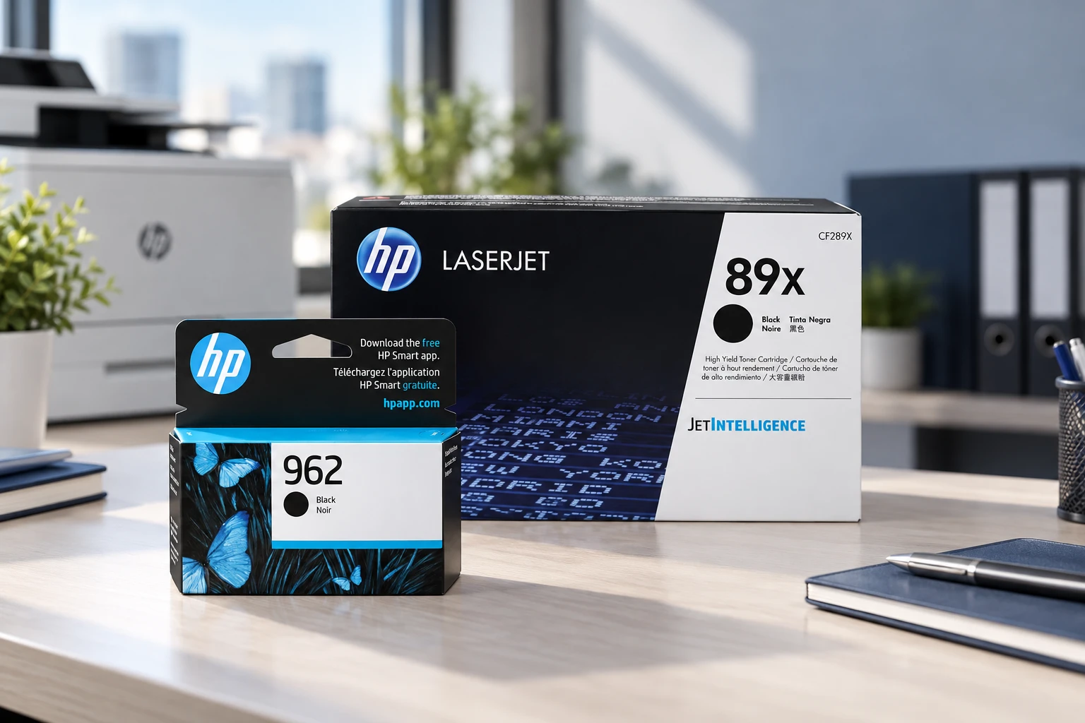 Original HP 962 Black ink and HP LaserJet 89X toner packaging in an illustrative professional office scene generated from existing product photography