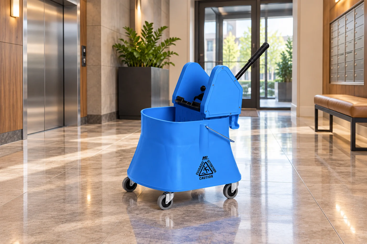 Blue M2 professional bucket and wringer in a modern apartment building lobby