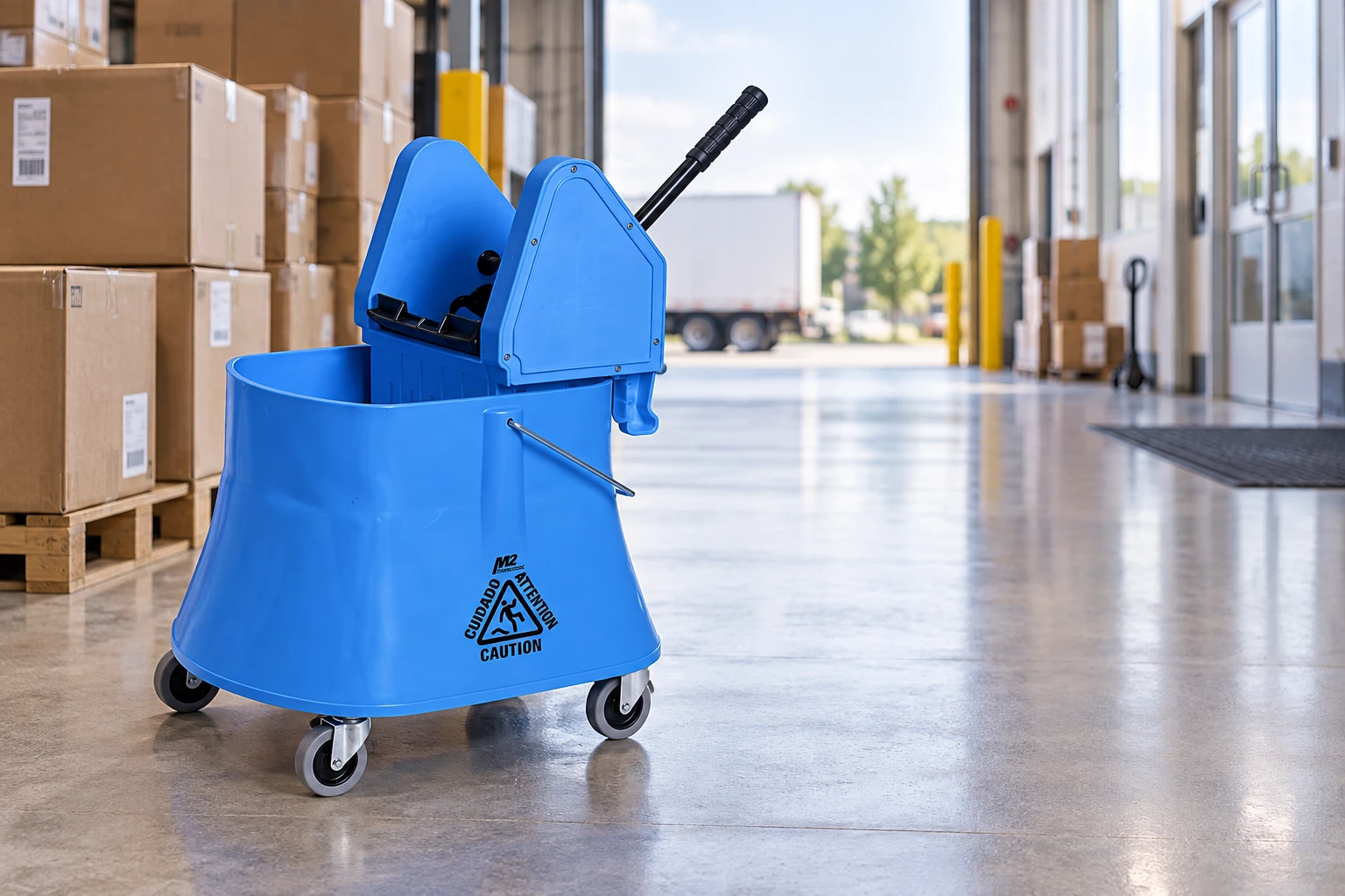 Official M2 blue bucket and wringer pictured in an illustrative commercial receiving area; editorial image generated from the official product reference