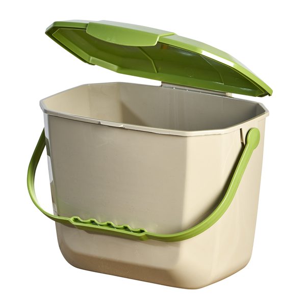 Beige M2 waste container with green hinged lid and handle