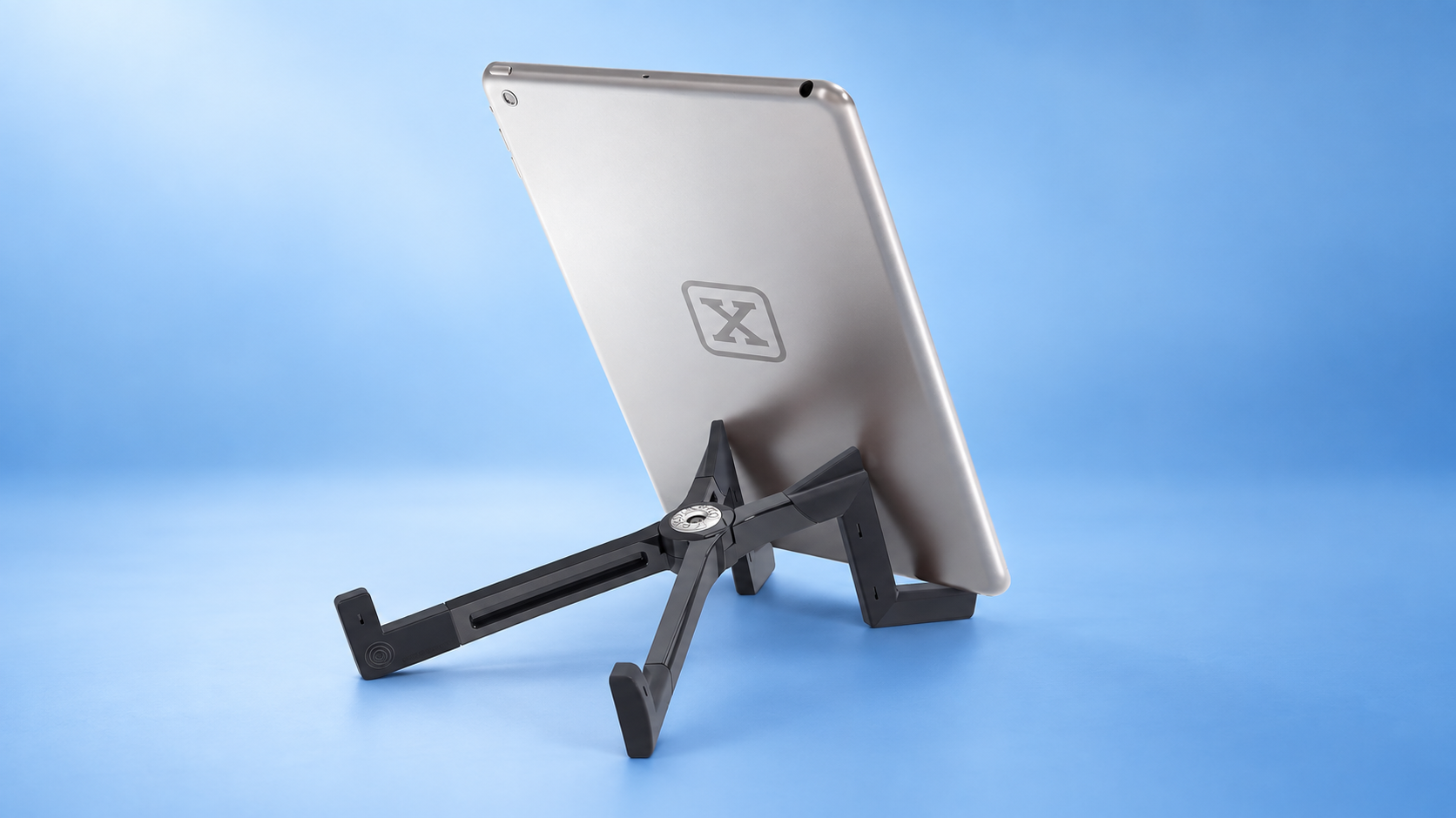 Illustration of a tablet on a folding stand against a blue background