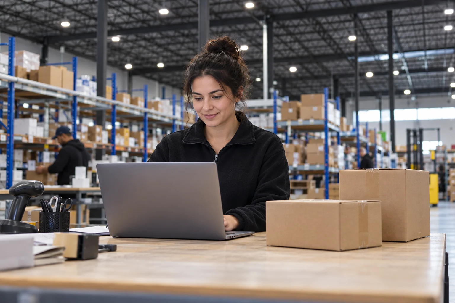 Illustrative editorial photograph of a reseller exploring a product catalogue at a warehouse dispatch workbench