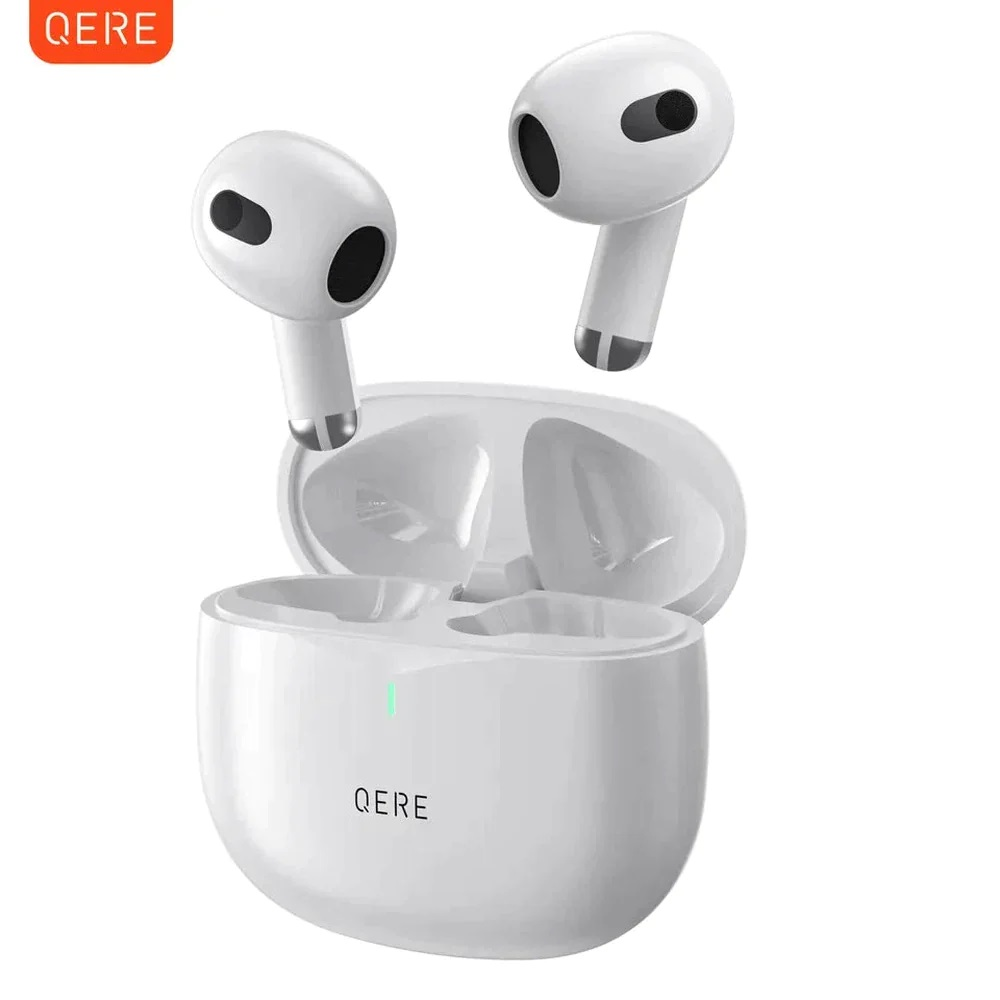 White QERE E28 Bluetooth earbuds and charging case