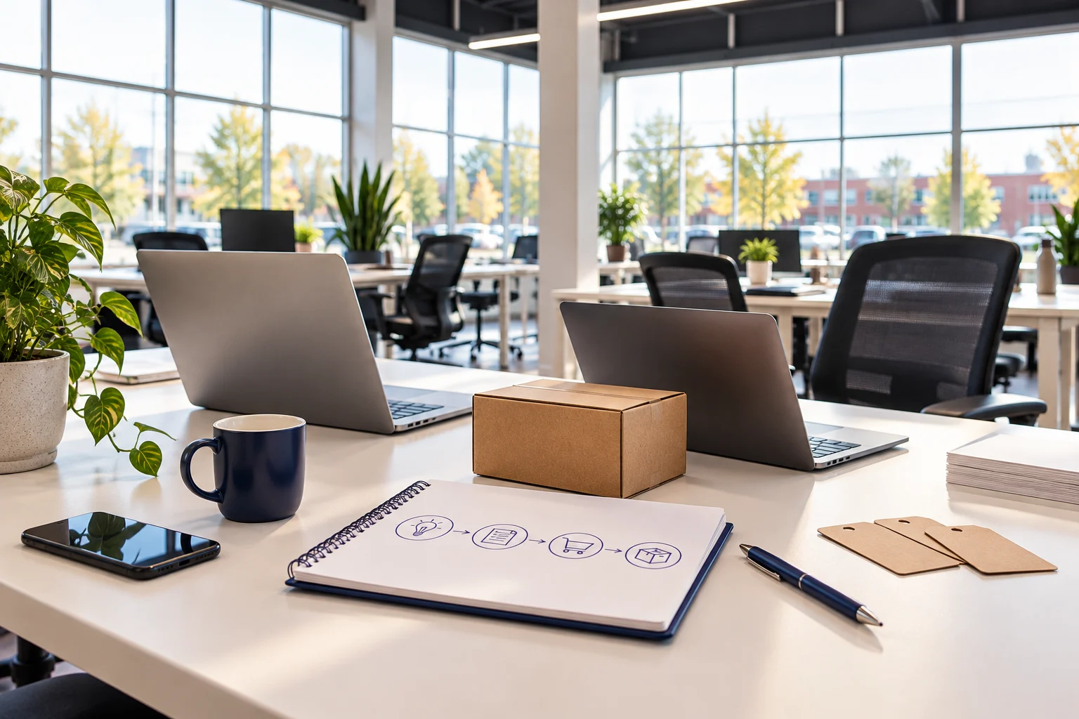 Illustrative editorial photograph of laptops, a four-step planning notebook and a plain shipping carton at a bright shared workspace inspired by Randmar coworking photography
