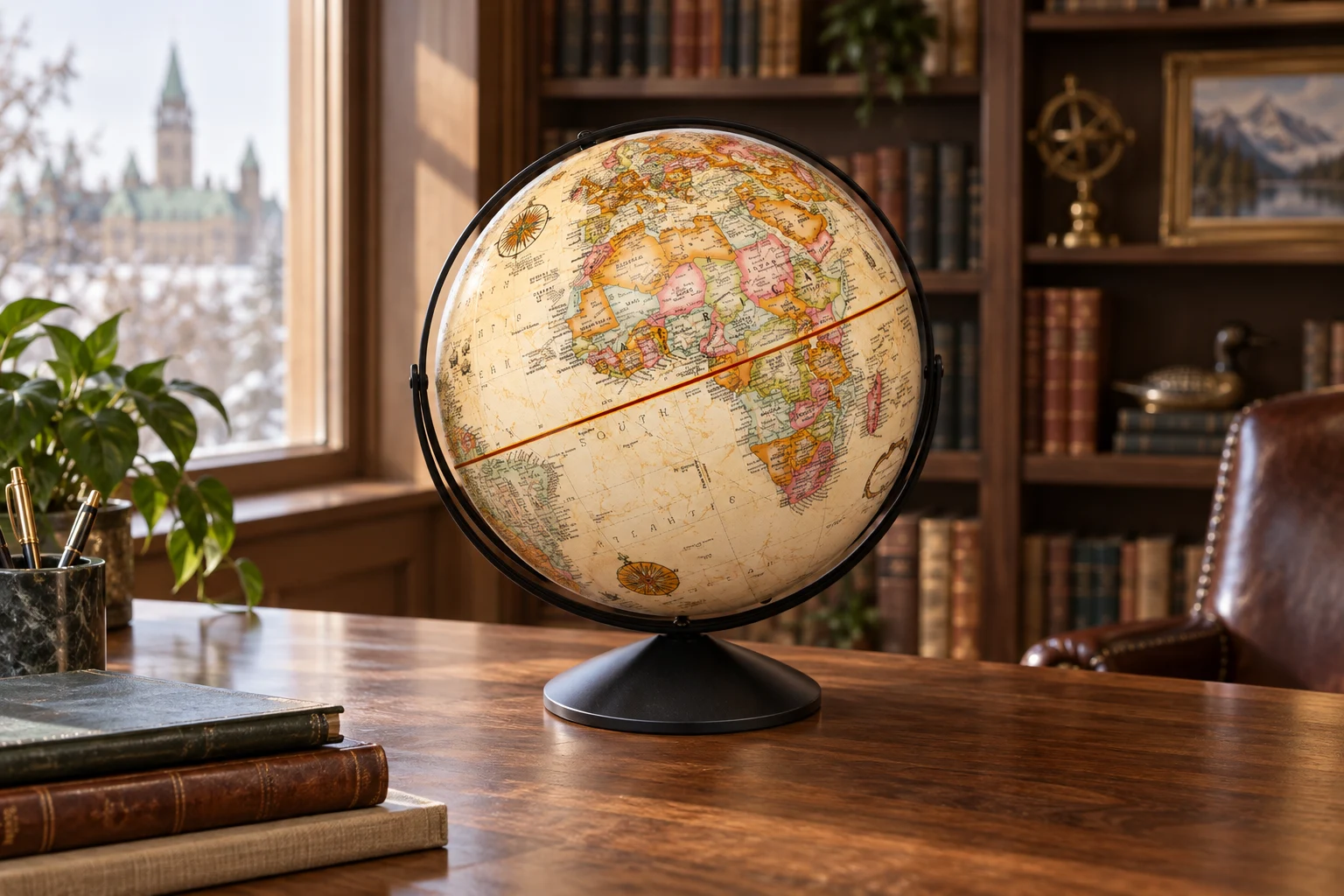 Replogle Eureka antique-ocean globe on a walnut desk in a library setting; editorial image generated from the official product reference