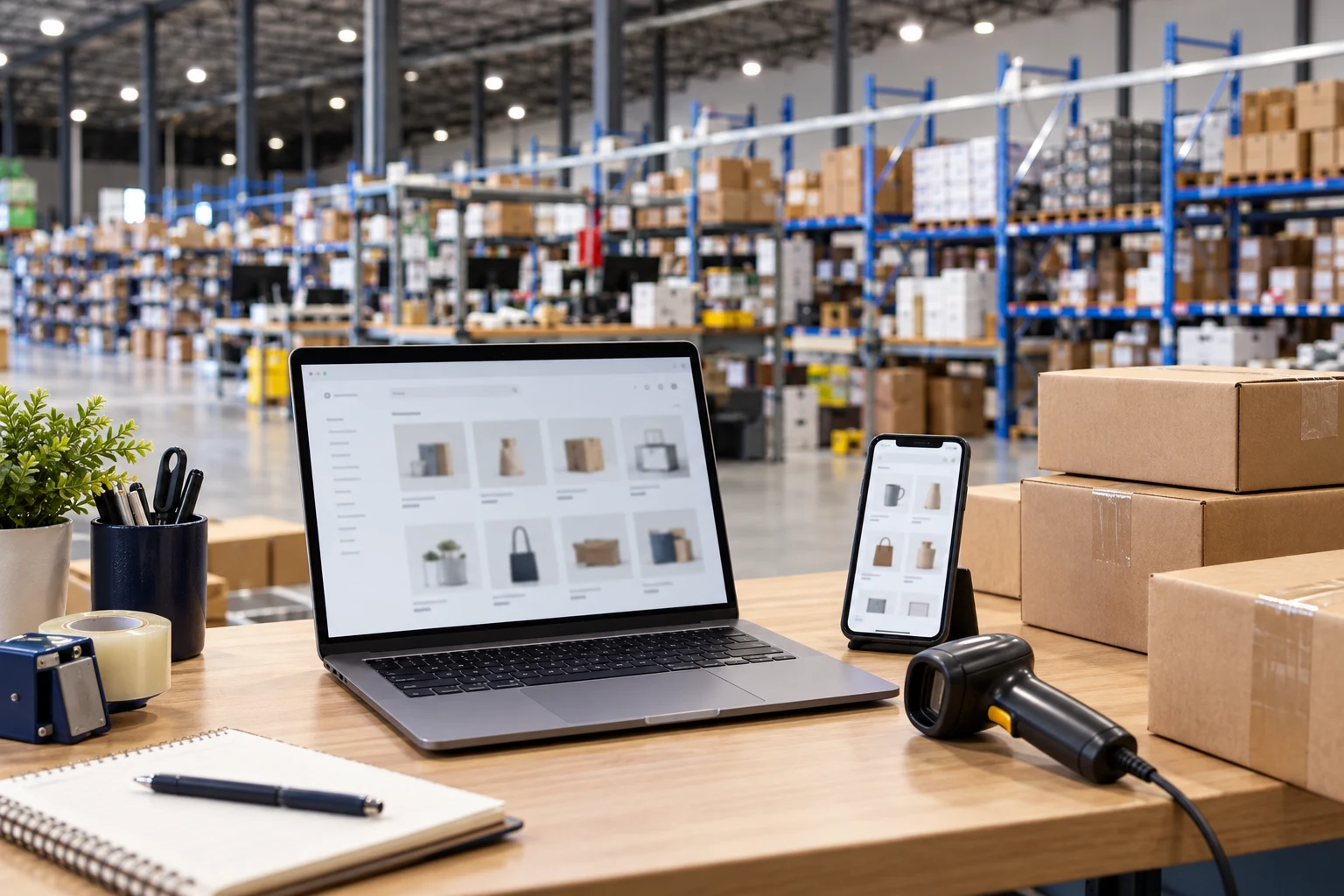 Illustrative editorial photograph of a laptop product catalogue, smartphone, barcode scanner and shipping cartons at a reseller packing desk overlooking a distribution warehouse