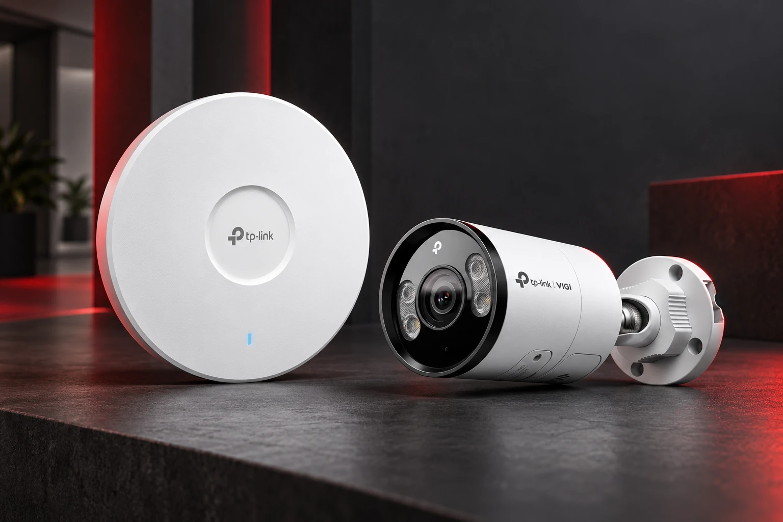 Generated editorial illustration of a TP-Link Omada access point and VIGI surveillance camera on a charcoal surface with subtle red lighting
