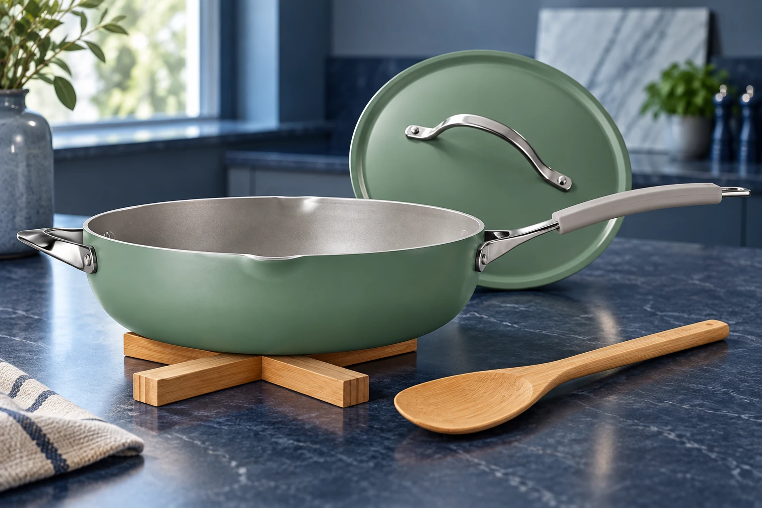 Generated editorial illustration of sage-green Tramontina cookware on a navy kitchen counter with its lid, bamboo utensil and trivet