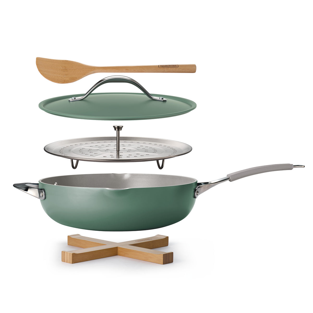 Tramontina green cookware with its parts arranged for a product photo