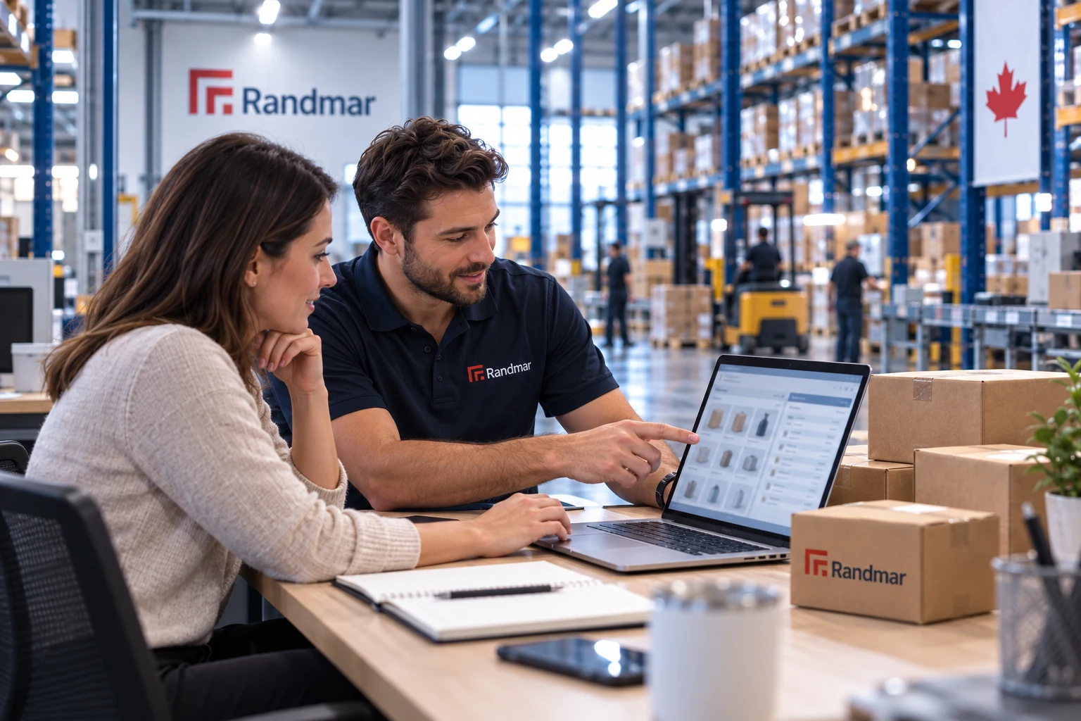 Illustrative editorial photograph of a reseller and distribution adviser working together at a laptop beside shipping cartons in a Canadian warehouse
