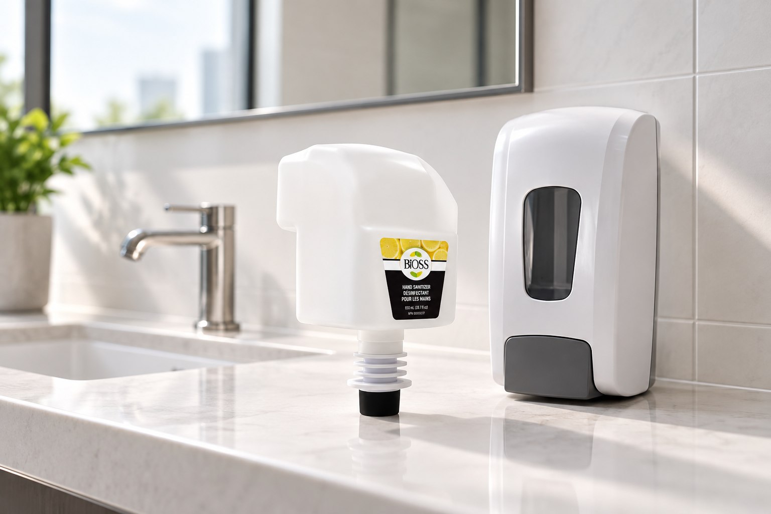 Styled scene of BiOSS Hand sanitizer refill, model BiOSS012