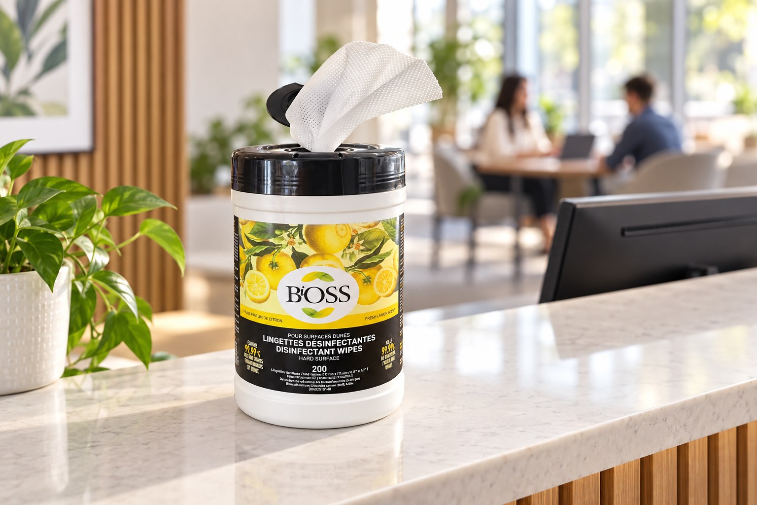 BiOSS Surface wipes canister in a styled setting