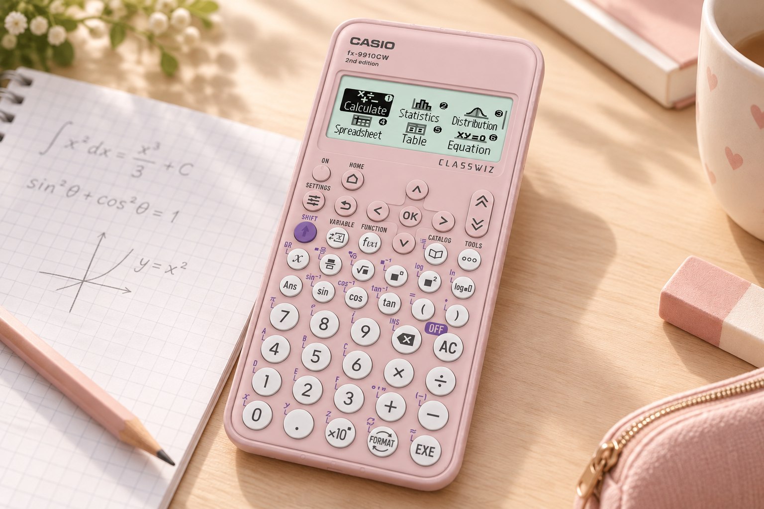 Styled scene of Casio ClassWiz scientific calculator, model FX-9910CW-PK-WA-IT
