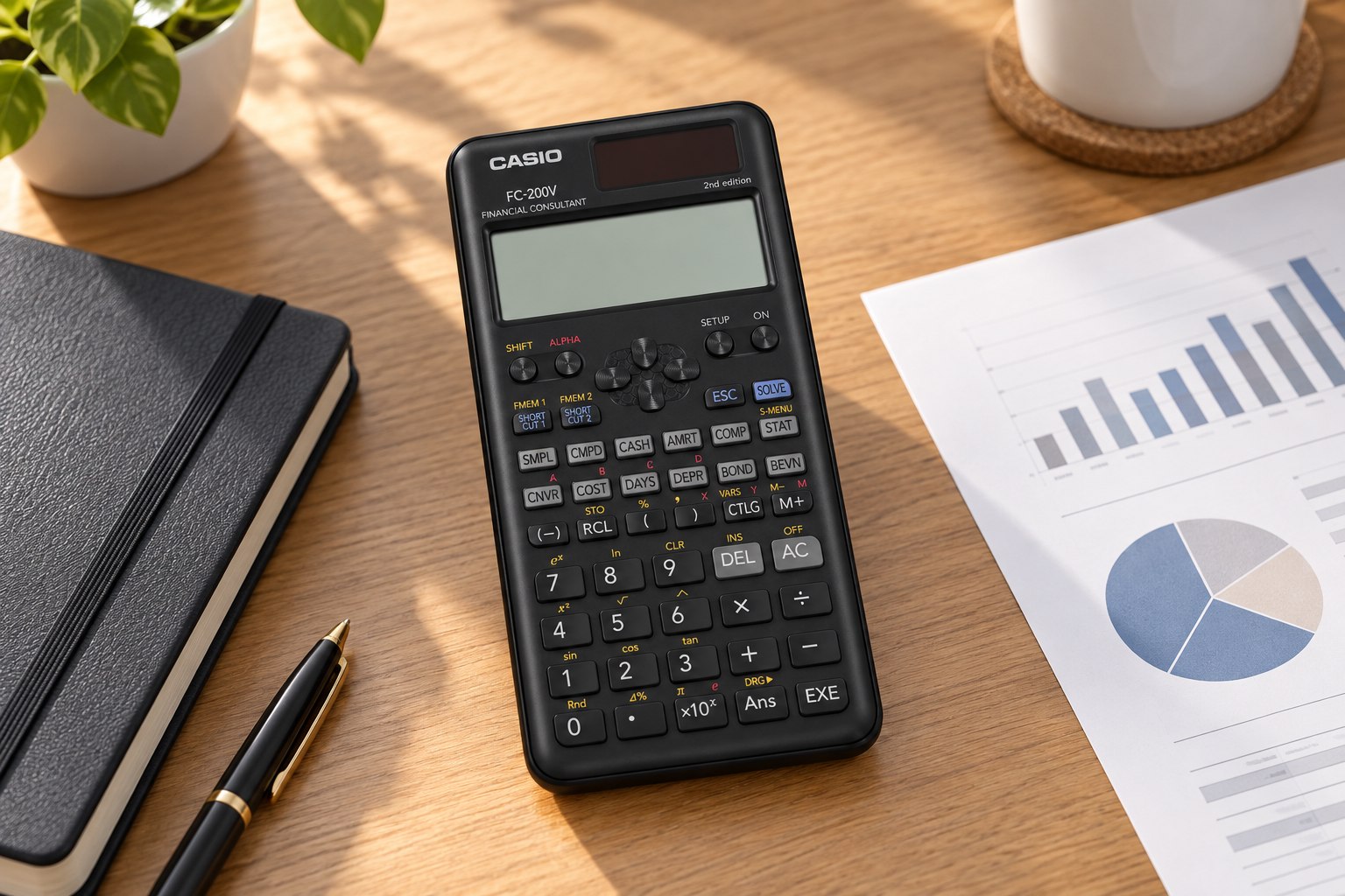 Styled scene of Casio FC-200V financial calculator, model FC-200V-2-S-IT