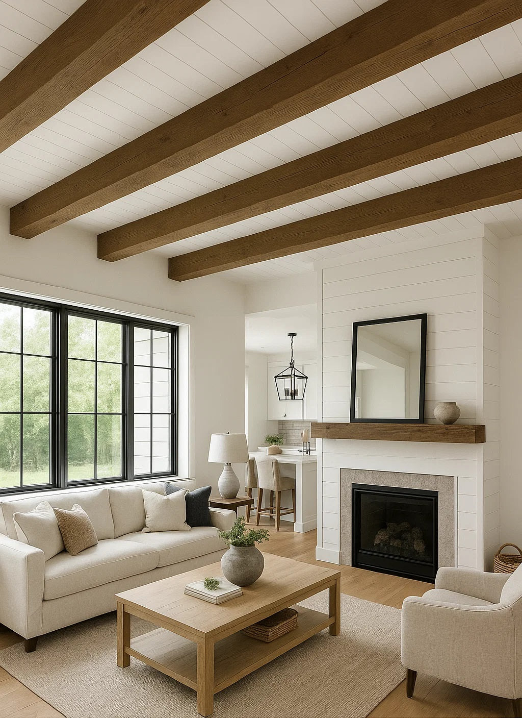 Entrepôt La Grange ceiling beams in a furnished room