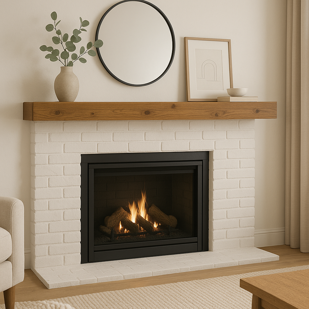 Entrepôt La Grange floating wood mantel above a fireplace