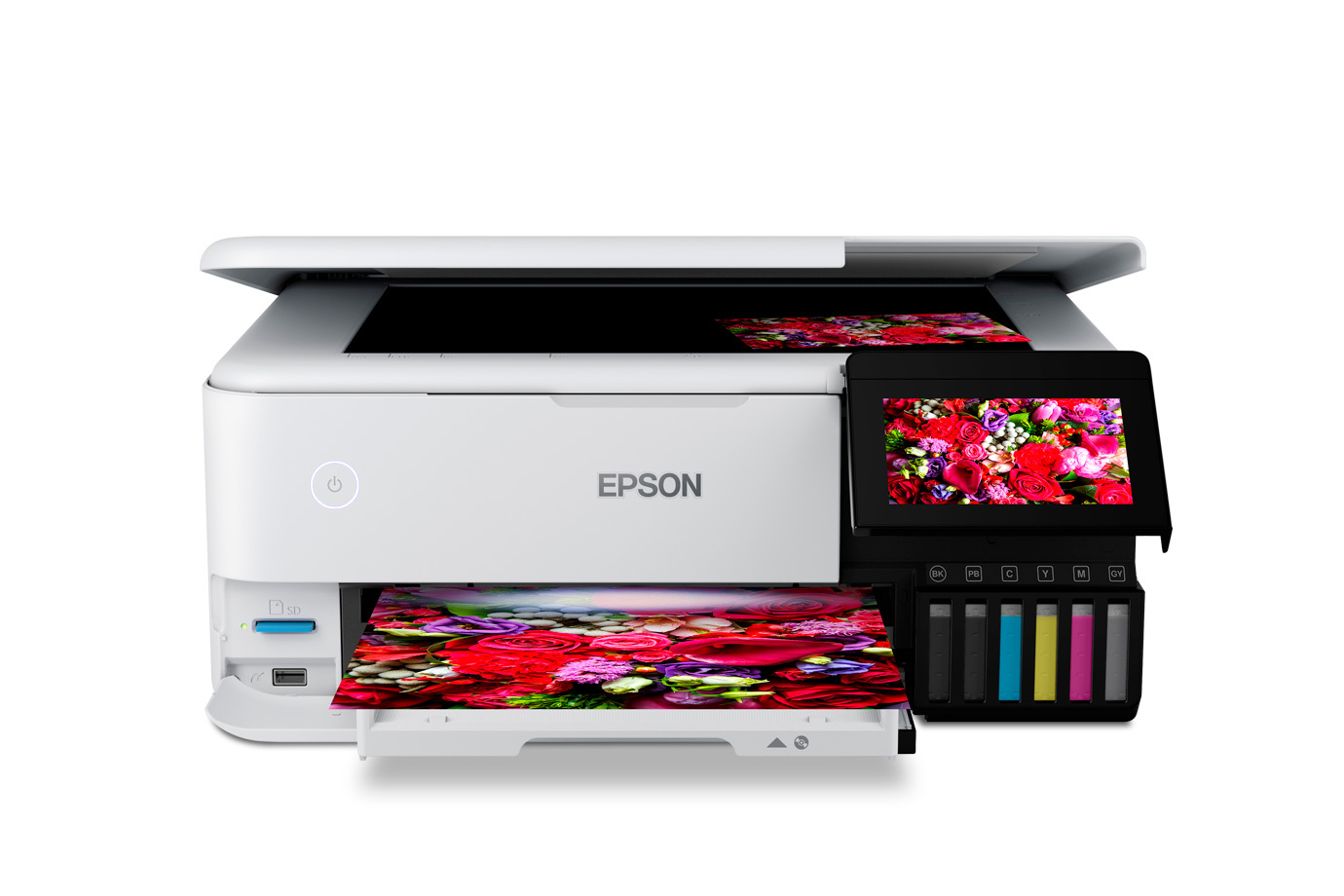 Epson EcoTank Photo ET-8550 printer producing a colour print