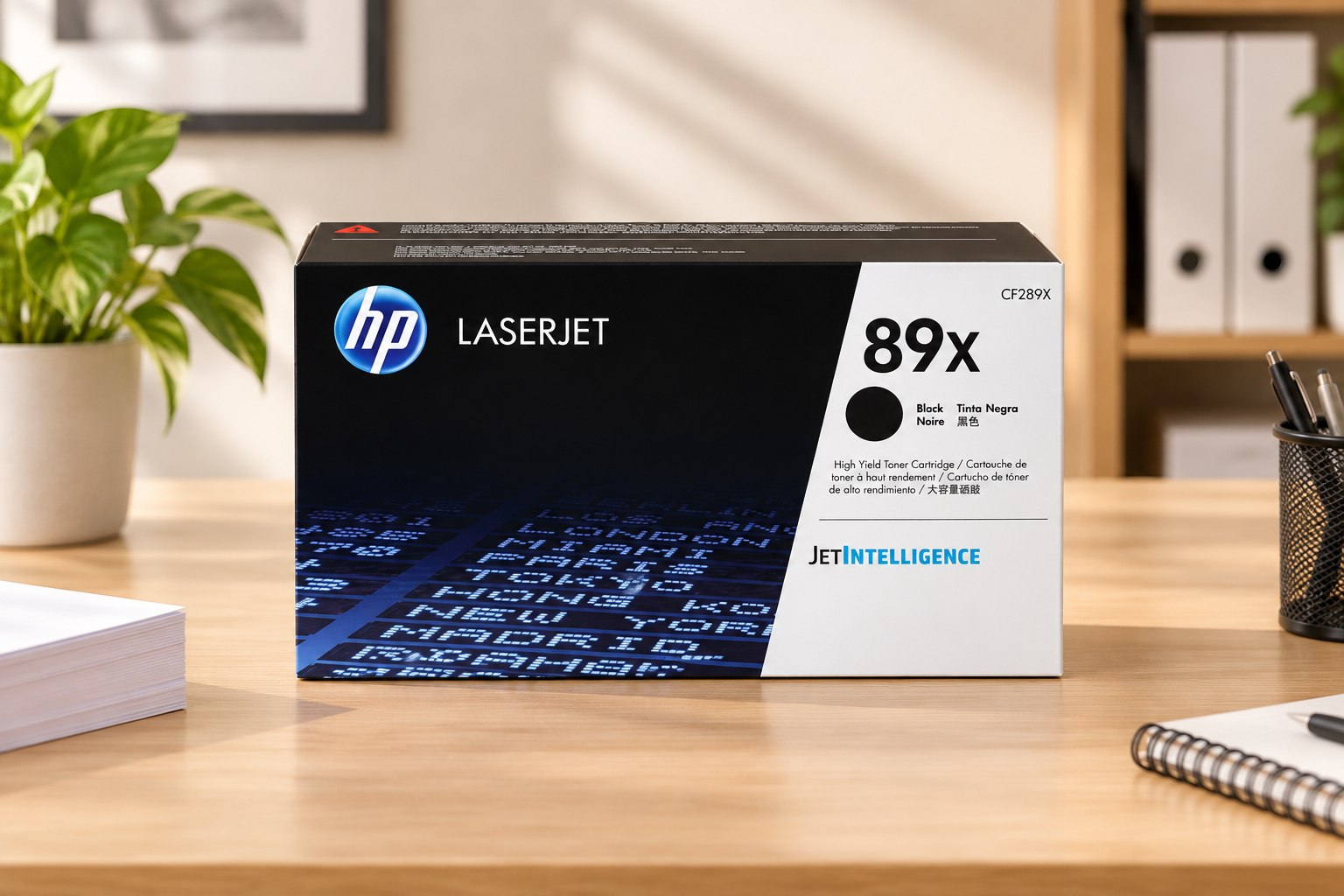 One HP 89X Black LaserJet Toner box in a styled office setting