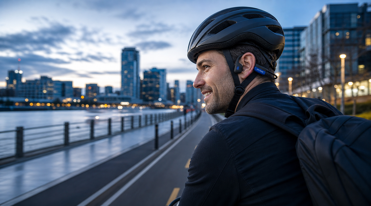 Cyclist wearing OPN Sound headphones
