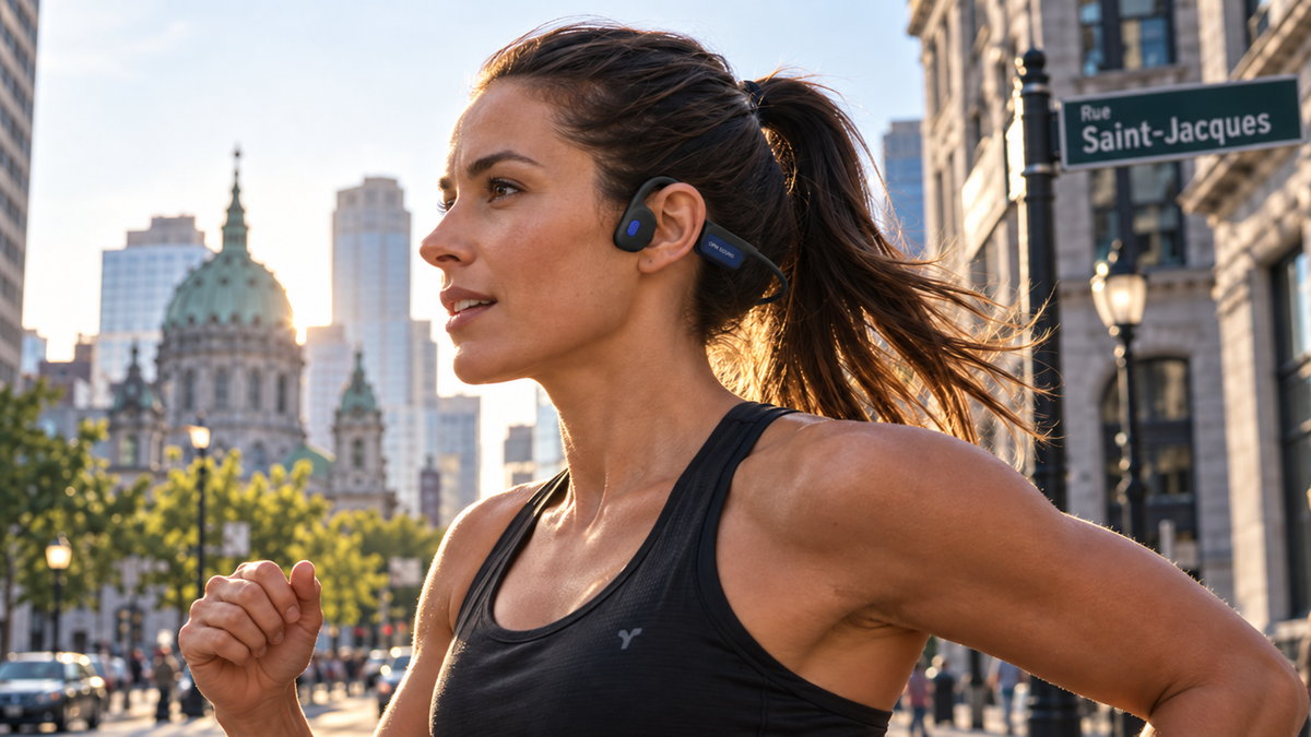 Runner wearing OPN Sound headphones in Montreal