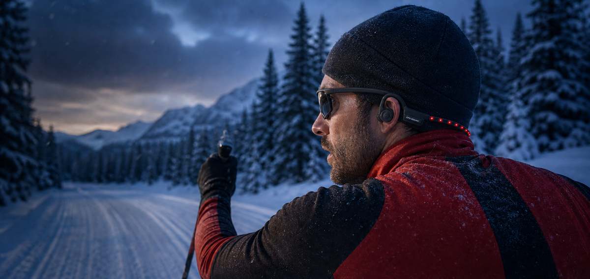 Skier wearing OPN Sound headphones