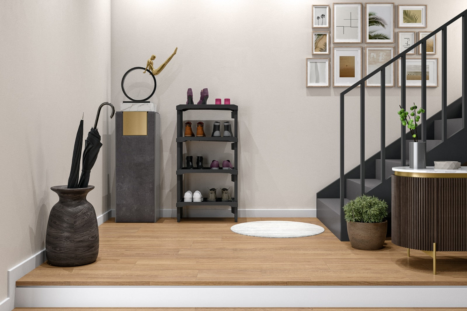 Rakabot Plastico rack holding footwear in a home entrance
