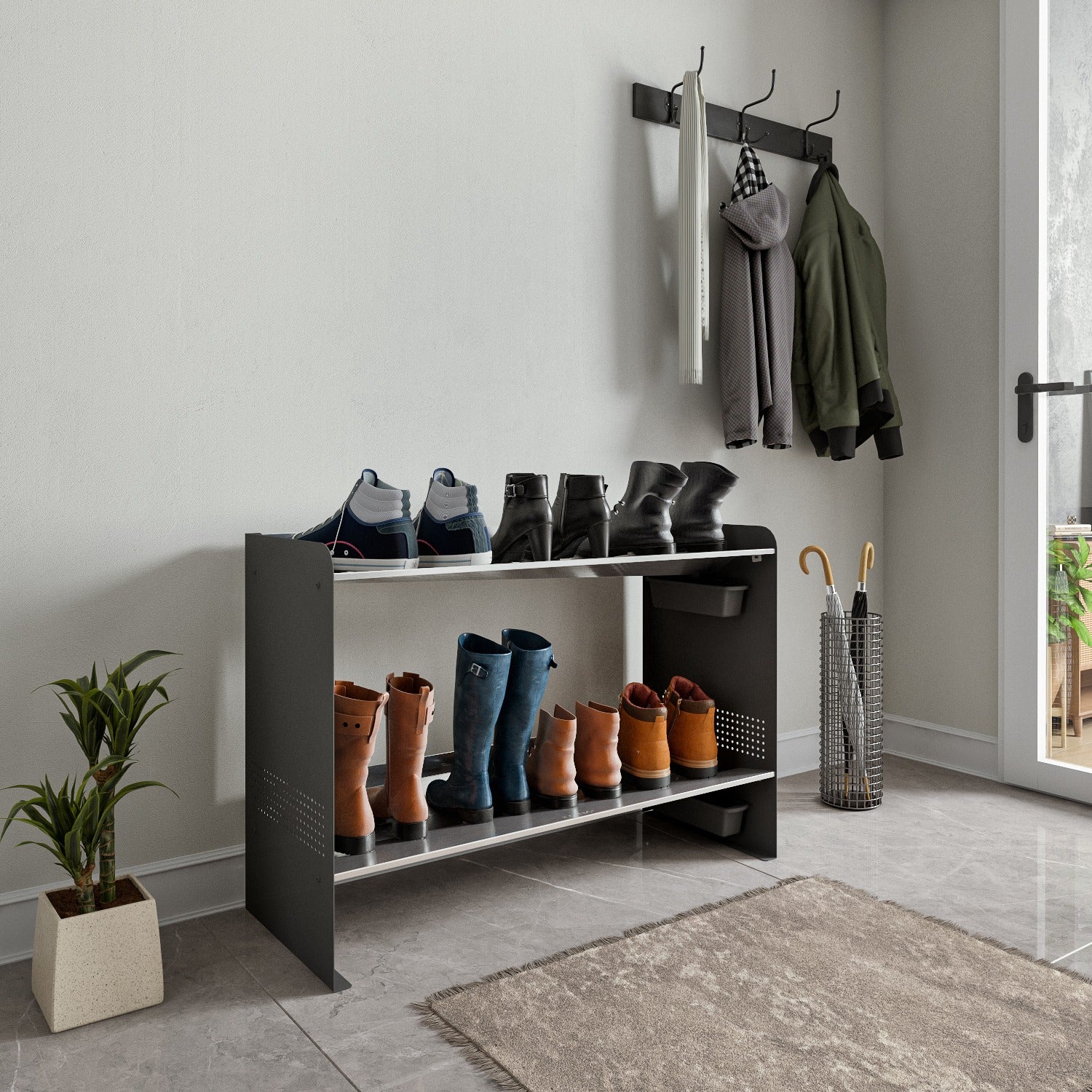 Rakabot Signature rack organizing footwear in an entryway